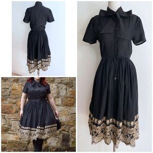 Unique Vintage Black & Gold Eyelet Lace Border Cora Tied Bow Front Shirt Dress​